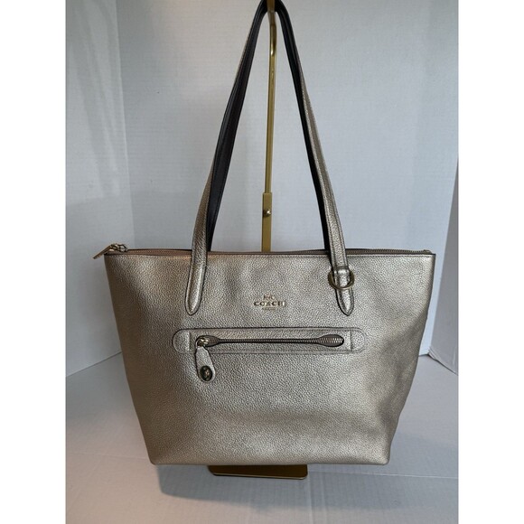 Coach Taylor Platinum Metallic Gold Pebble  Tote Shoulder Bag Leather F23592 - Picture 1 of 16